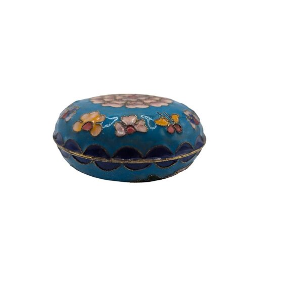 Hand-Painted Floral Cloisonné Trinket Box - Blue & Pink Enamel - 2.5" Diameter - Picture 3 of 10